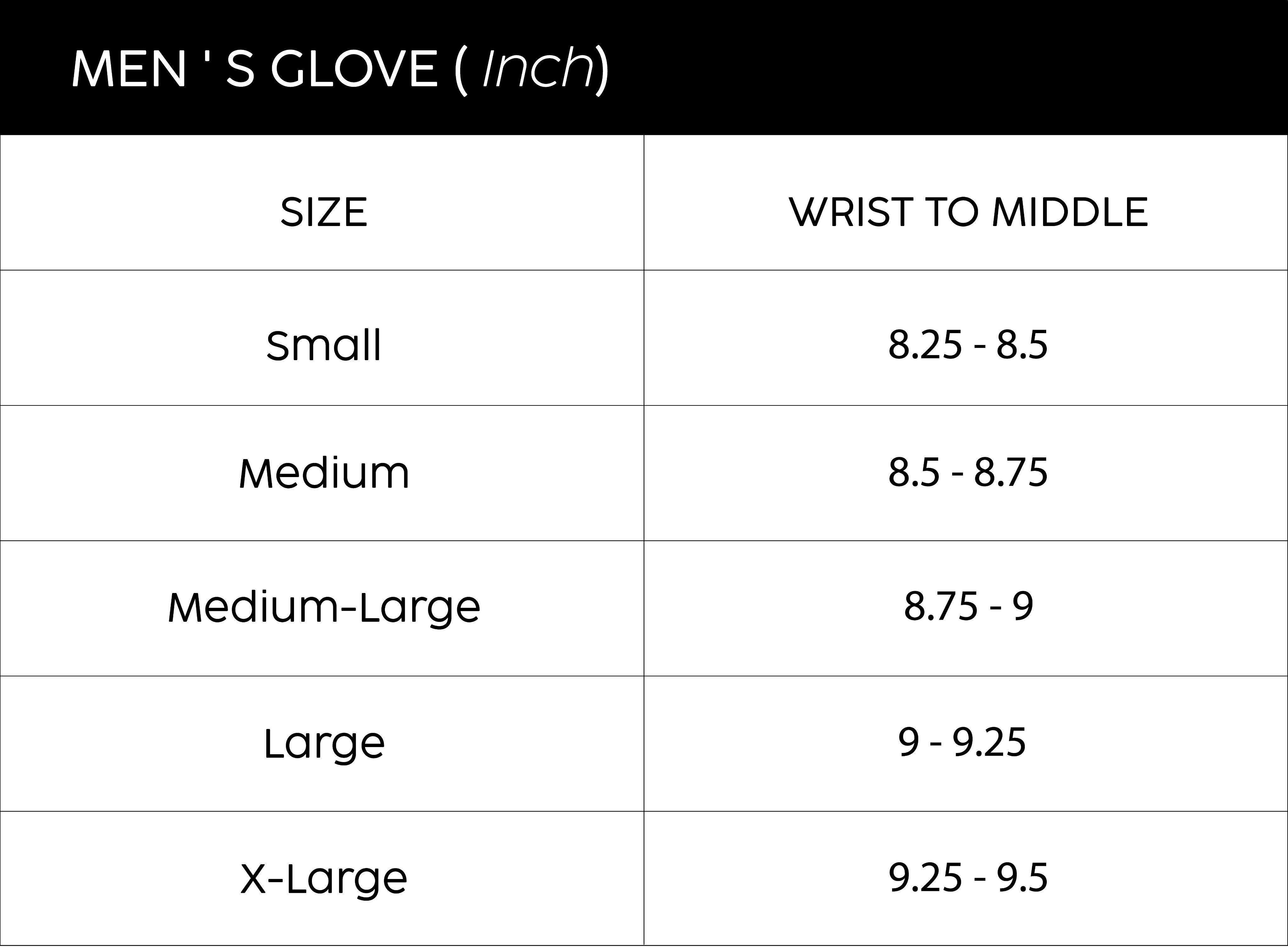 Men's glove size chart